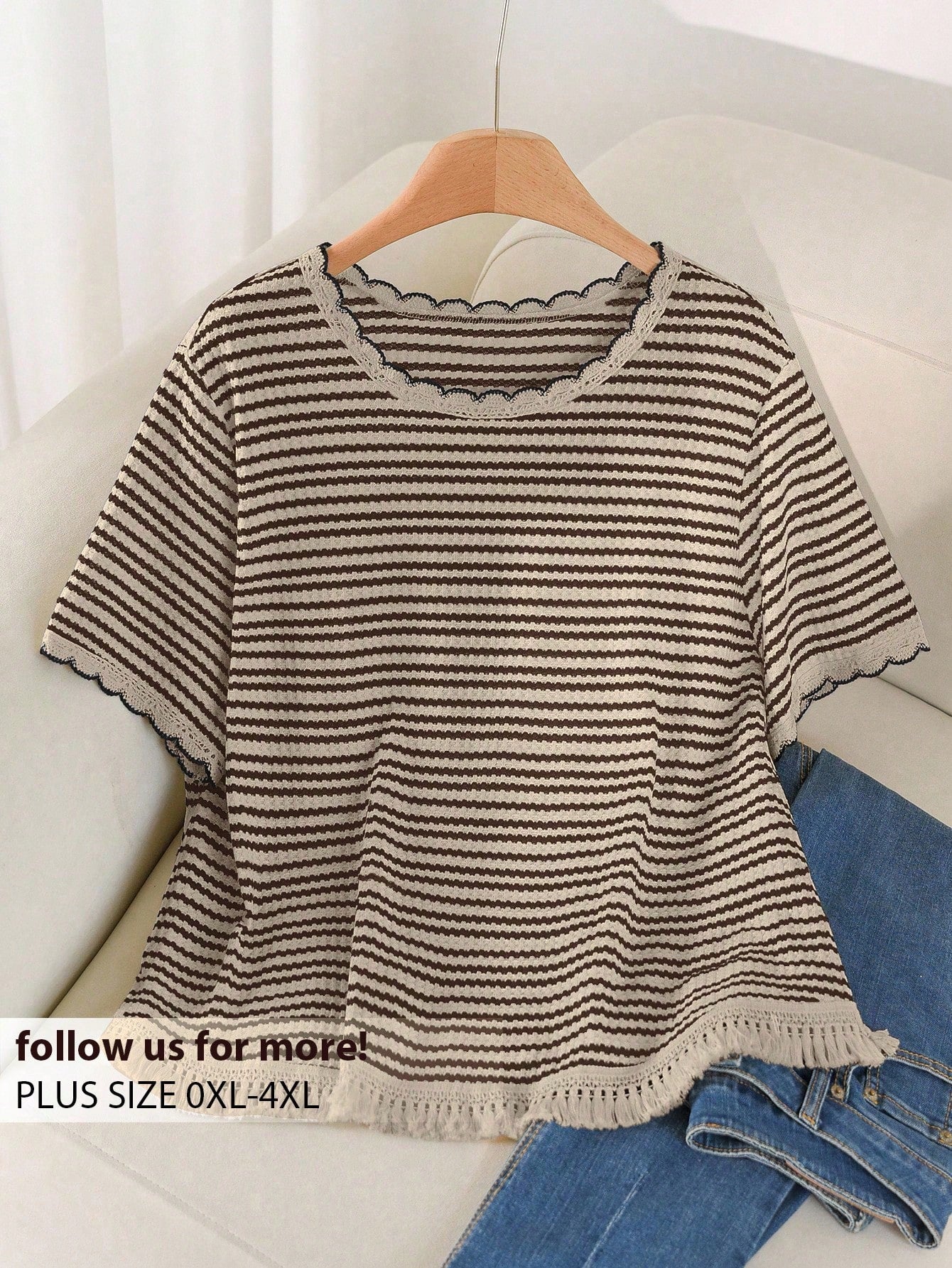 CosyJoli Plus Size Women Summer Casual Striped Loose Fit Round Neck T-Shirt,Slightly Sheer Spring