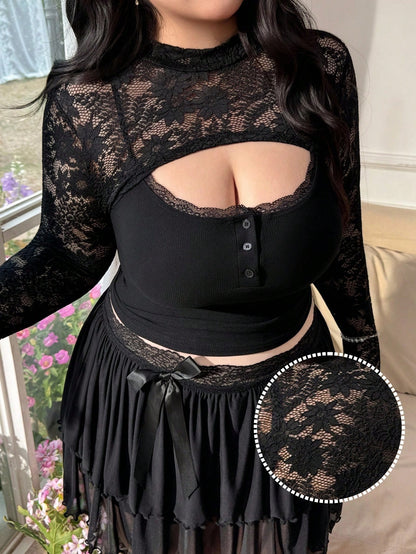 CovetEZ Women's Plus Size Lace Patchwork Stand Collar Fashionable Versatile Long Sleeve Top Nice For Ladies Gothic Goth Top Sexy Night Rave Black Summer