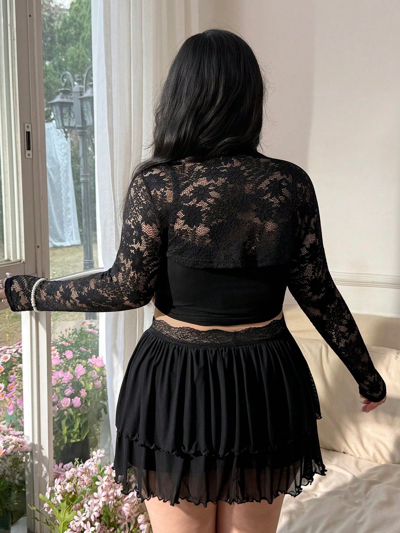 CovetEZ Women's Plus Size Lace Patchwork Stand Collar Fashionable Versatile Long Sleeve Top Nice For Ladies Gothic Goth Top Sexy Night Rave Black Summer