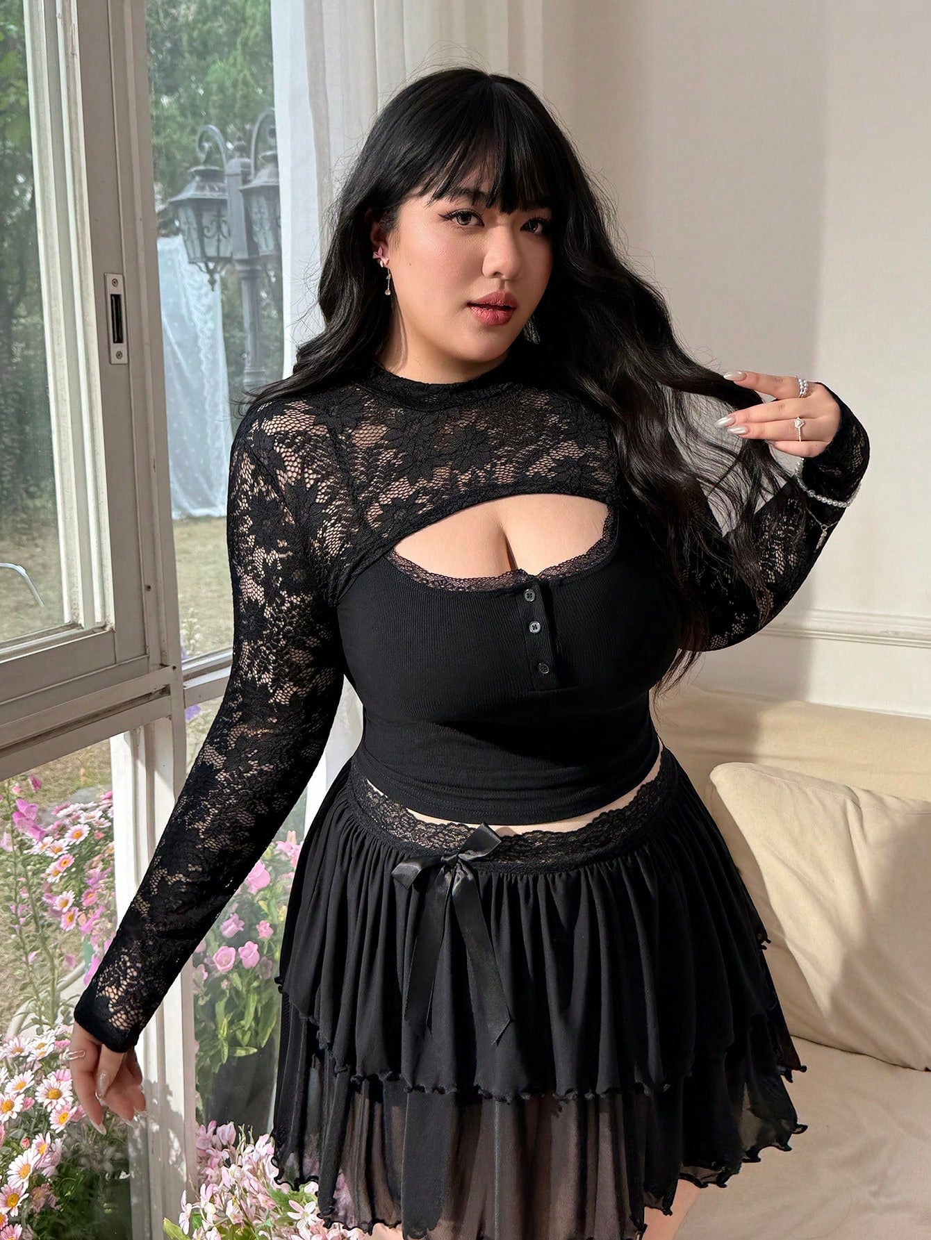 CovetEZ Women's Plus Size Lace Patchwork Stand Collar Fashionable Versatile Long Sleeve Top Nice For Ladies Gothic Goth Top Sexy Night Rave Black Summer