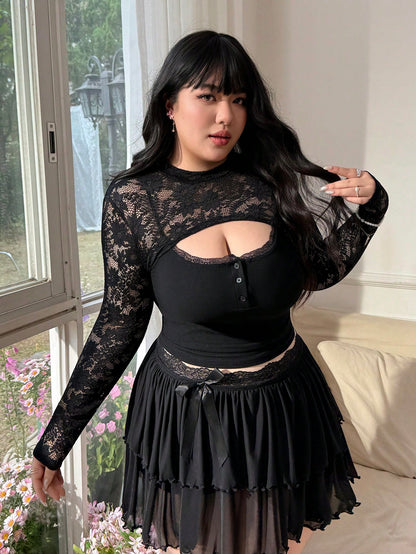 CovetEZ Women's Plus Size Lace Patchwork Stand Collar Fashionable Versatile Long Sleeve Top Nice For Ladies Gothic Goth Top Sexy Night Rave Black Summer