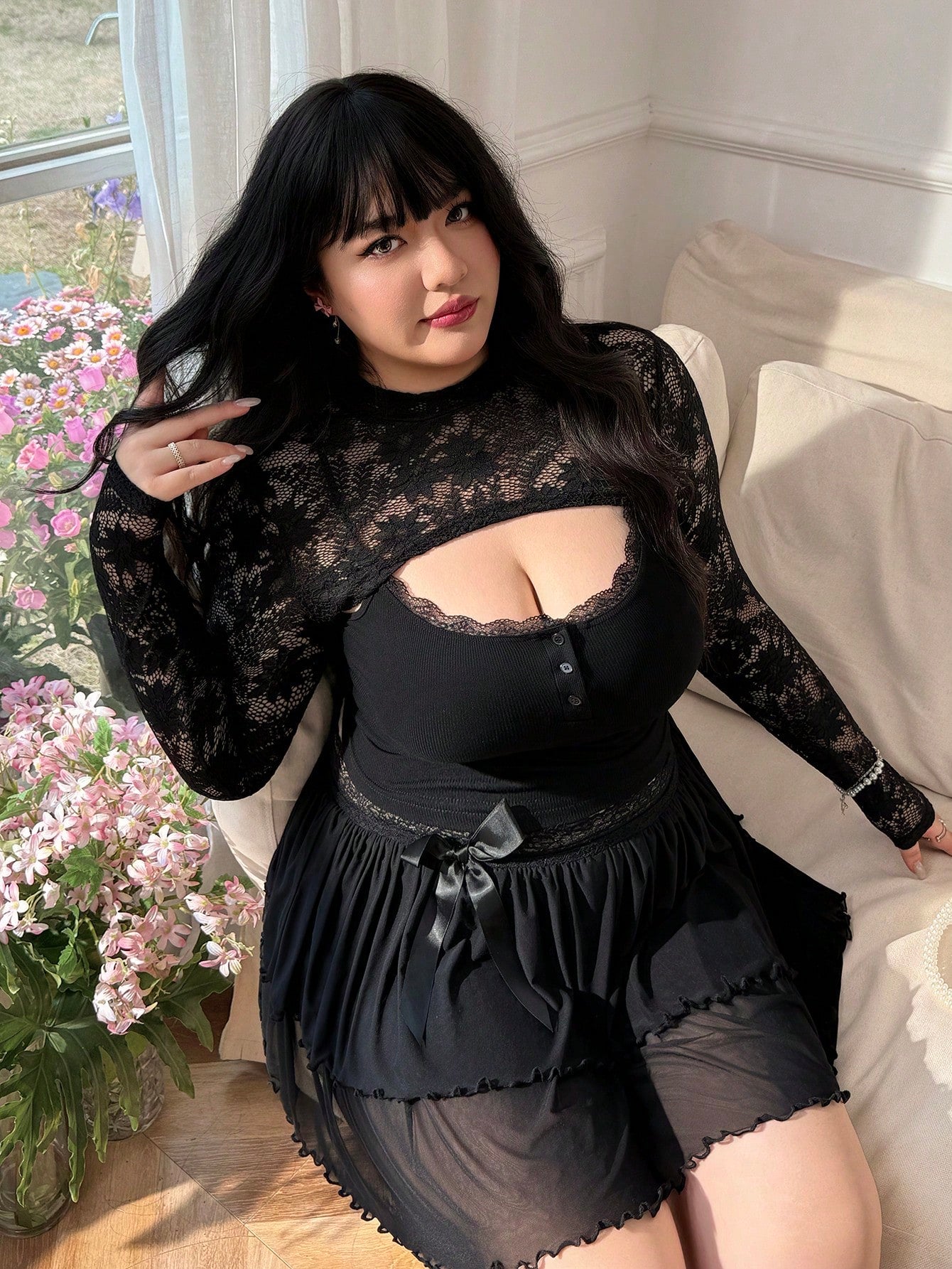 CovetEZ Women's Plus Size Lace Patchwork Stand Collar Fashionable Versatile Long Sleeve Top Nice For Ladies Gothic Goth Top Sexy Night Rave Black Summer