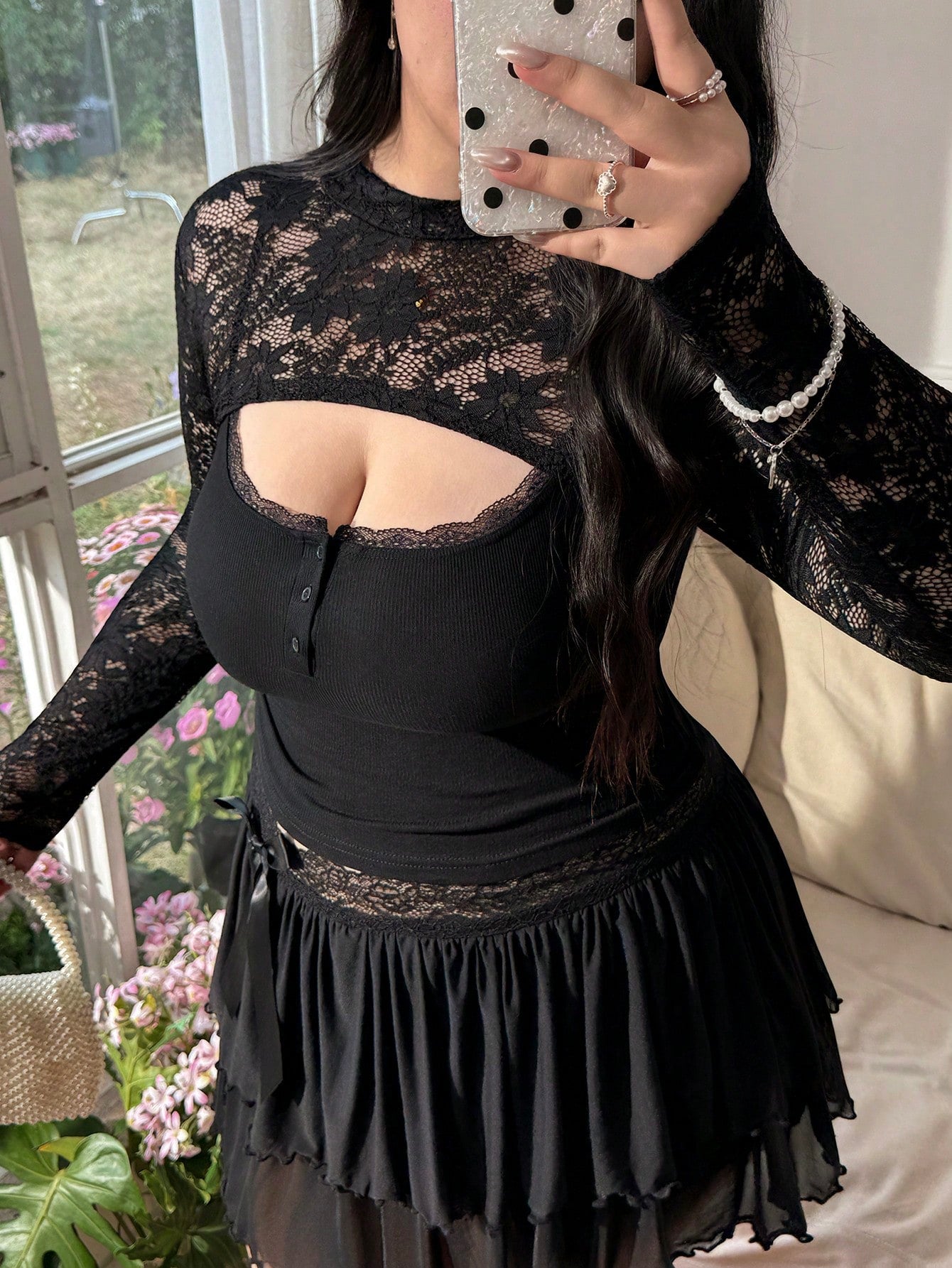 CovetEZ Women's Plus Size Lace Patchwork Stand Collar Fashionable Versatile Long Sleeve Top Nice For Ladies Gothic Goth Top Sexy Night Rave Black Summer