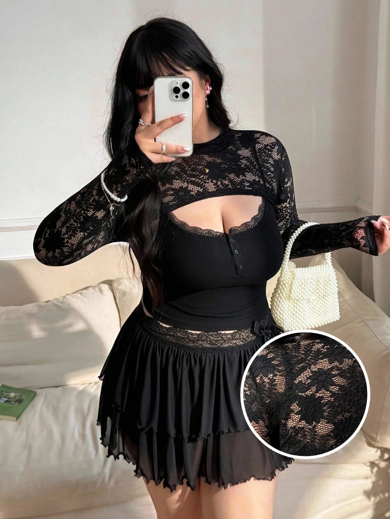 CovetEZ Women's Plus Size Lace Patchwork Stand Collar Fashionable Versatile Long Sleeve Top Nice For Ladies Gothic Goth Top Sexy Night Rave Black Summer