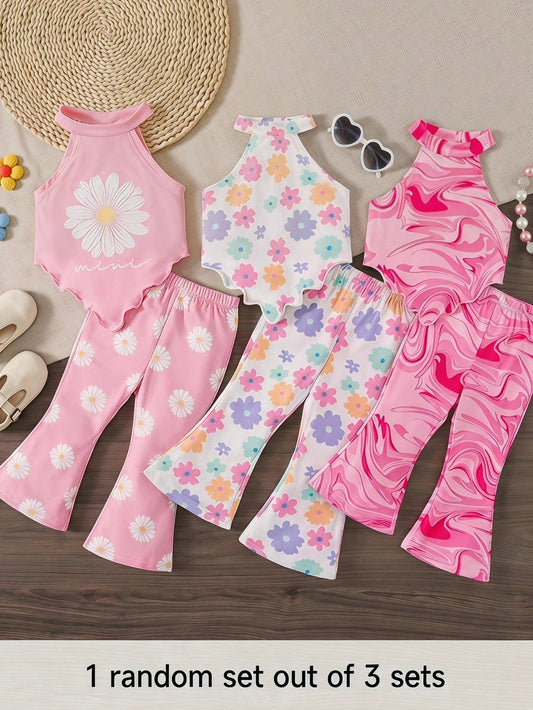 Cozy Pixies 1 Random Set Of 3 Cute Summer Outfits For Baby Girls, Includes Ditsy Floral Knit Halter Top And Flared Pants