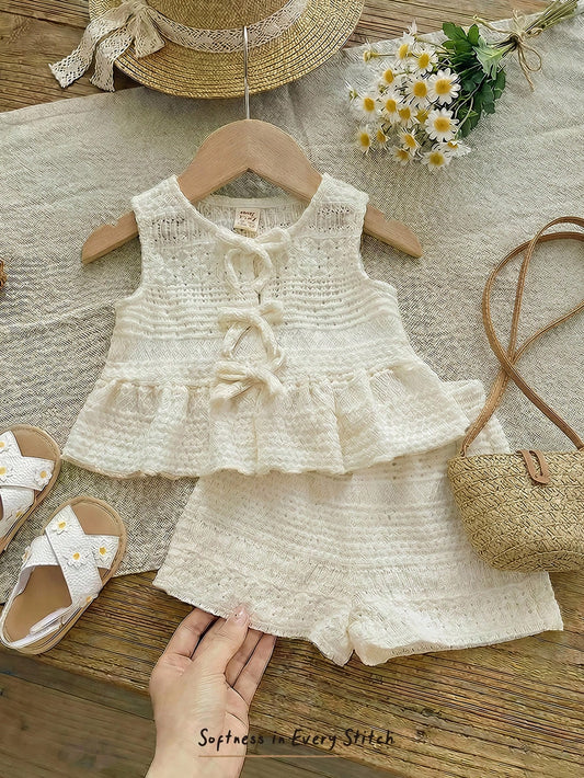 Cozy Pixies 2pcs Baby Girl Solid Color Knit Soft Crew Neck Sleeveless Cardigan Top And Elastic Waist Shorts Set, Baby Girl