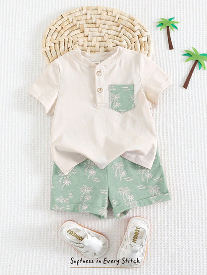Cozy Pixies Baby Boy Floral Print Contrast Color Knit Soft Round Neck Short Sleeve Top And Elastic Waist Shorts 2-Piece Set