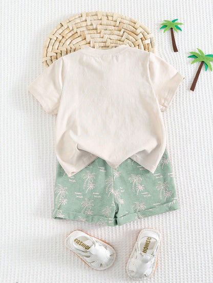Cozy Pixies Baby Boy Floral Print Contrast Color Knit Soft Round Neck Short Sleeve Top And Elastic Waist Shorts 2-Piece Set