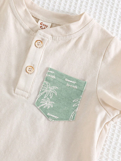 Cozy Pixies Baby Boy Floral Print Contrast Color Knit Soft Round Neck Short Sleeve Top And Elastic Waist Shorts 2-Piece Set