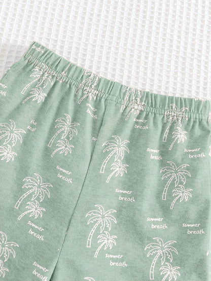 Cozy Pixies Baby Boy Floral Print Contrast Color Knit Soft Round Neck Short Sleeve Top And Elastic Waist Shorts 2-Piece Set