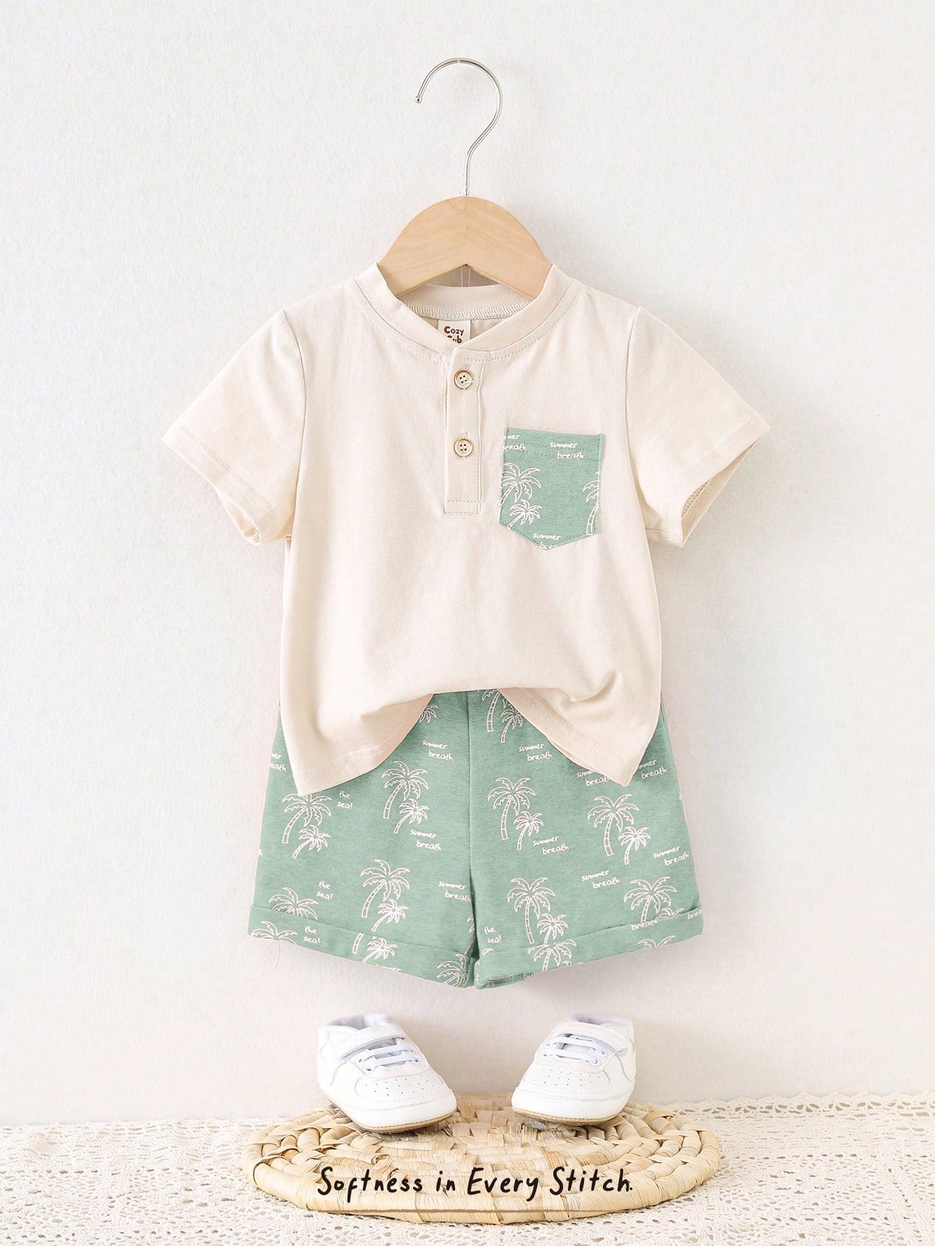 Cozy Pixies Baby Boy Floral Print Contrast Color Knit Soft Round Neck Short Sleeve Top And Elastic Waist Shorts 2-Piece Set