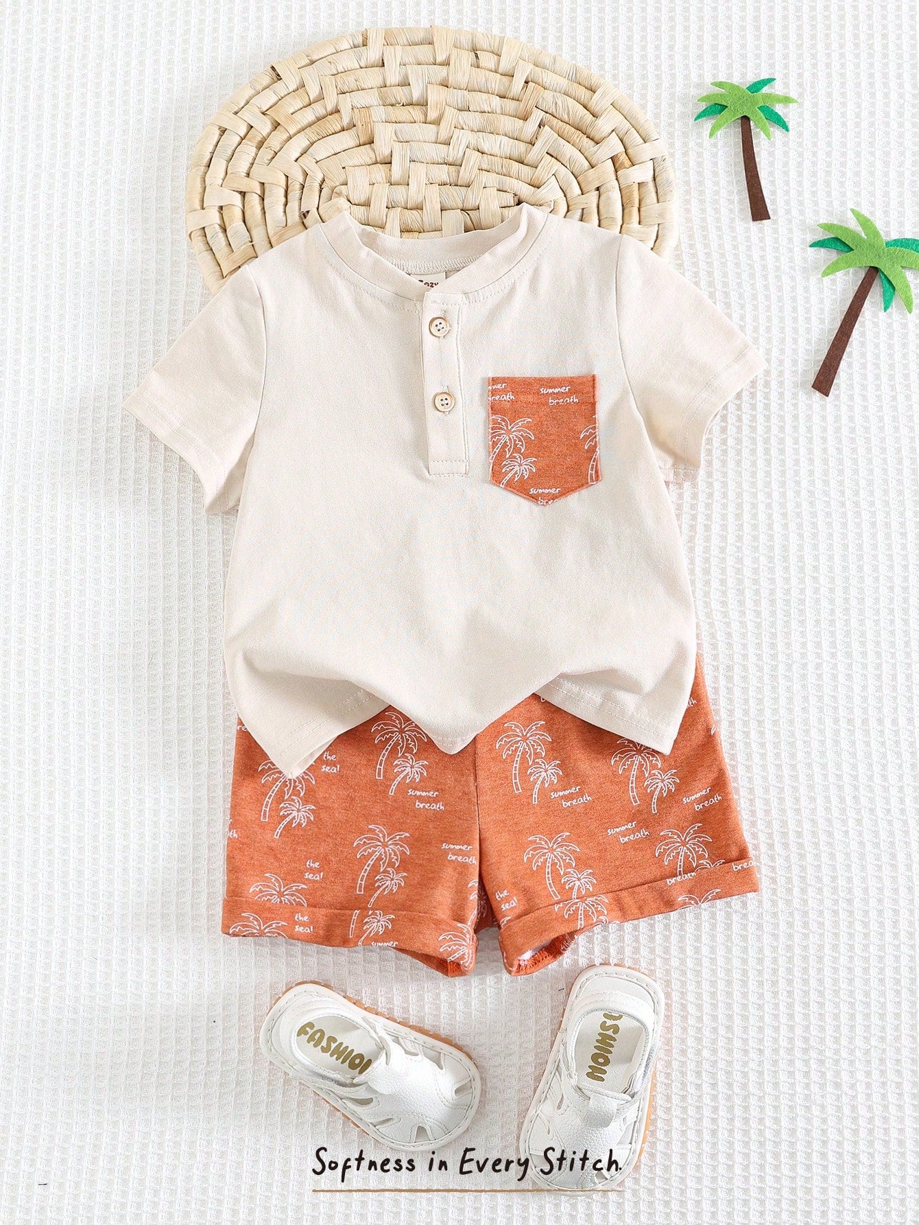 Cozy Pixies Baby Boy Floral Print Contrast Color Knit Soft Round Neck Short Sleeve Top And Elastic Waist Shorts 2-Piece Set