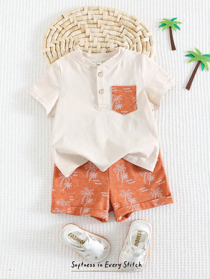 Cozy Pixies Baby Boy Floral Print Contrast Color Knit Soft Round Neck Short Sleeve Top And Elastic Waist Shorts 2-Piece Set