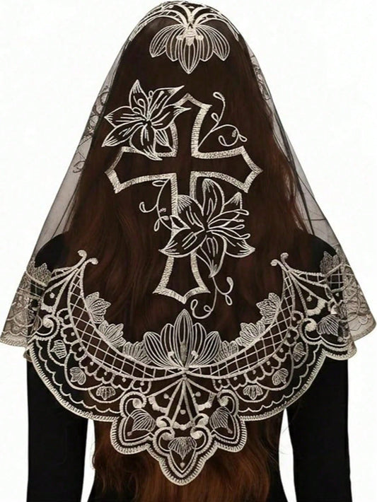 Cross-Over Lace Veil, Lace Gold Embroidered Triangle Scarf, Vintage Women's Classic Thin Headscarf Cross Shawl Veil, Church Wedding Veil