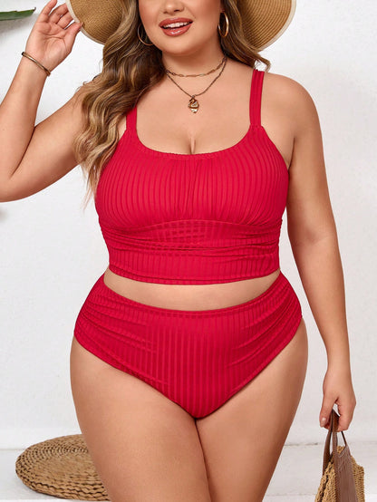 CURVE+ Casual Sexy Red Ribbed Plus Size Tankini High Waist Ruched Top And Bottom Swimwear Beach Vacation Summer