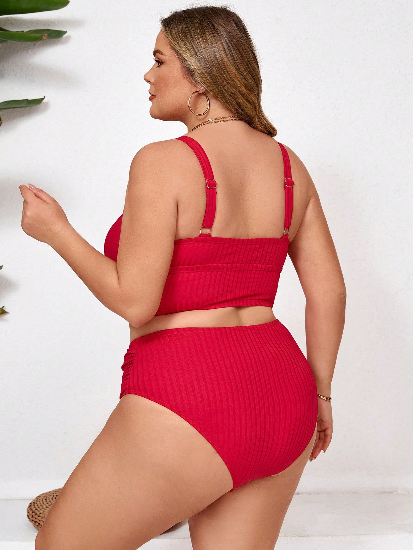 CURVE+ Casual Sexy Red Ribbed Plus Size Tankini High Waist Ruched Top And Bottom Swimwear Beach Vacation Summer