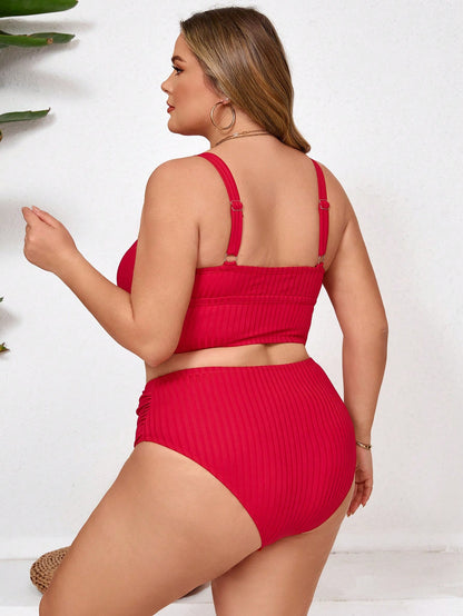 CURVE+ Casual Sexy Red Ribbed Plus Size Tankini High Waist Ruched Top And Bottom Swimwear Beach Vacation Summer