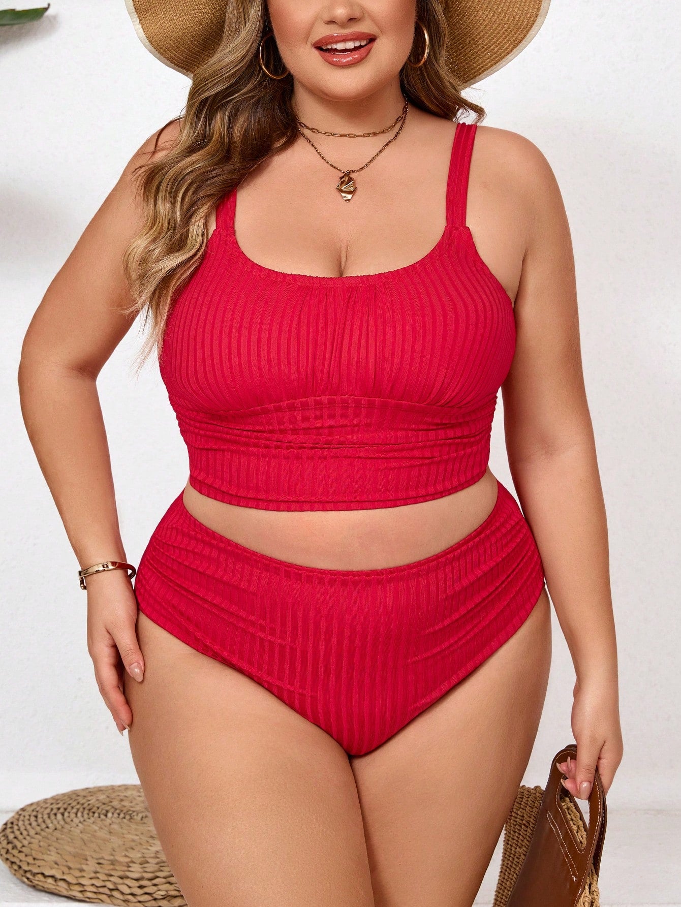 CURVE+ Casual Sexy Red Ribbed Plus Size Tankini High Waist Ruched Top And Bottom Swimwear Beach Vacation Summer