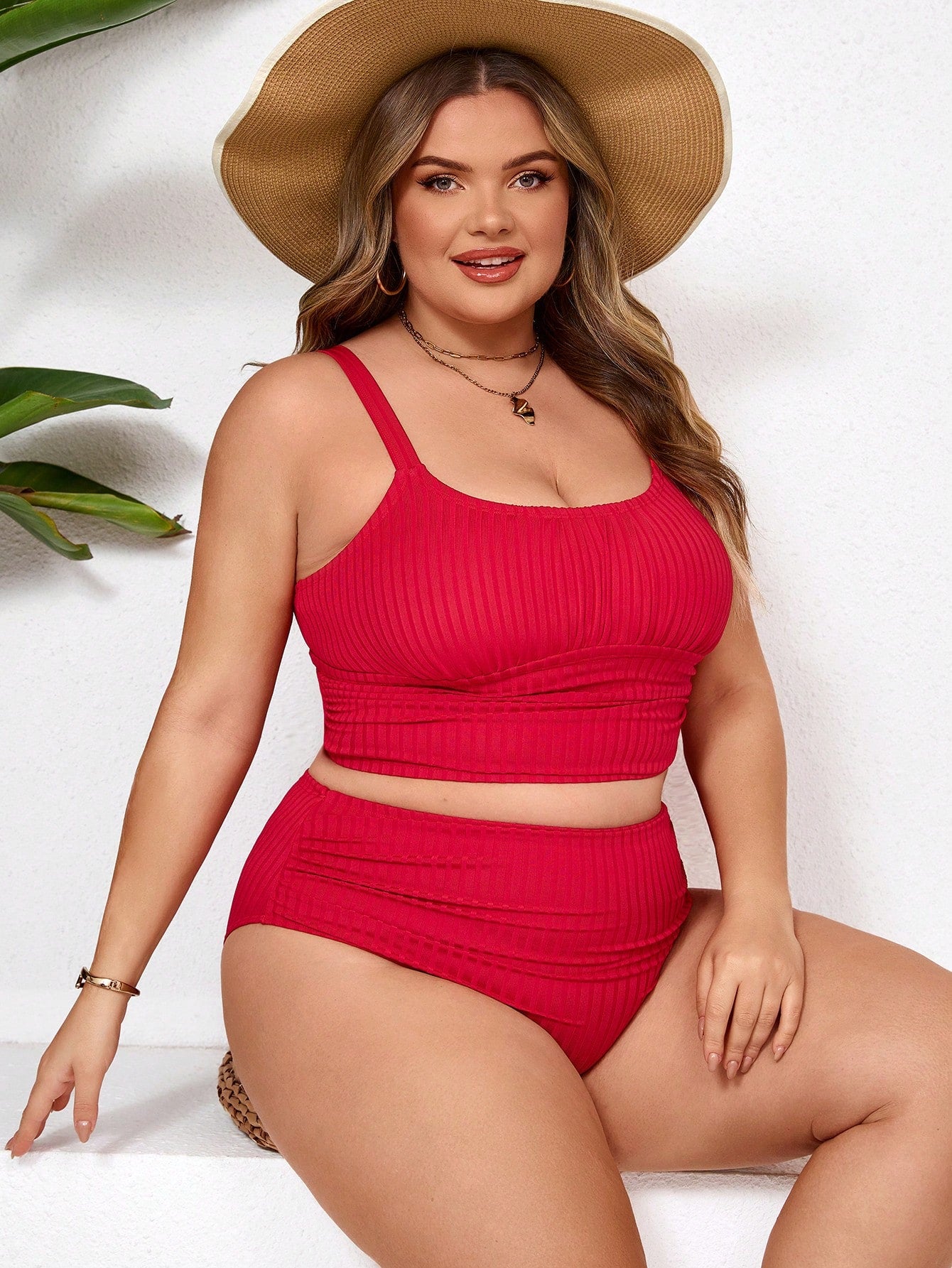 CURVE+ Casual Sexy Red Ribbed Plus Size Tankini High Waist Ruched Top And Bottom Swimwear Beach Vacation Summer
