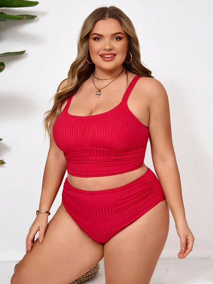 CURVE+ Casual Sexy Red Ribbed Plus Size Tankini High Waist Ruched Top And Bottom Swimwear Beach Vacation Summer