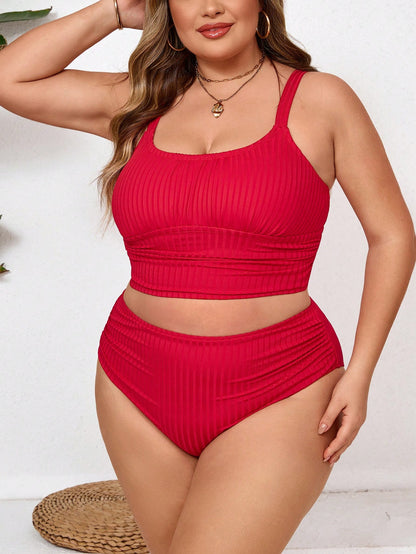 CURVE+ Casual Sexy Red Ribbed Plus Size Tankini High Waist Ruched Top And Bottom Swimwear Beach Vacation Summer