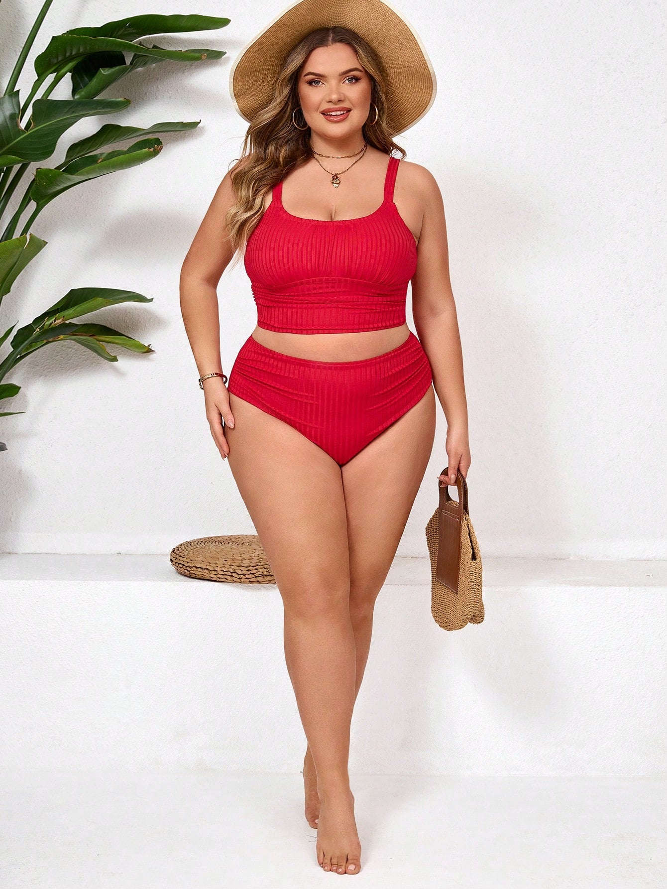 CURVE+ Casual Sexy Red Ribbed Plus Size Tankini High Waist Ruched Top And Bottom Swimwear Beach Vacation Summer