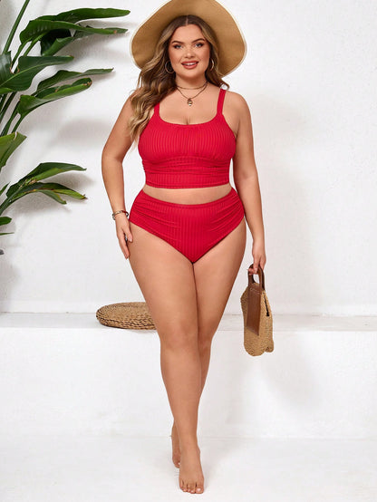 CURVE+ Casual Sexy Red Ribbed Plus Size Tankini High Waist Ruched Top And Bottom Swimwear Beach Vacation Summer
