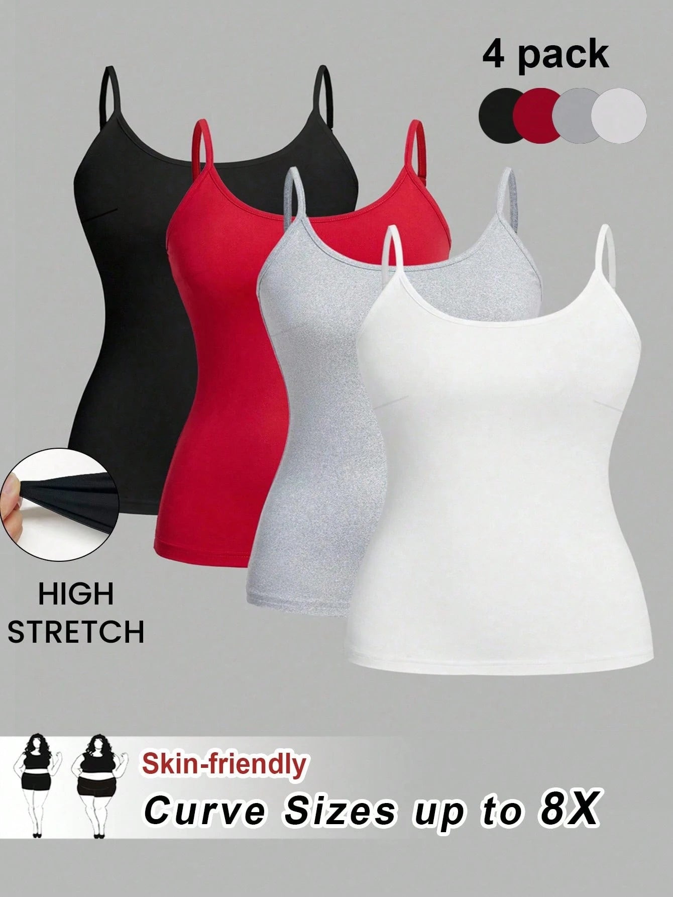 CURVE+ CURVE PLUS Valentine's Day 4pcs/Set Plus Size Women Plain Casual Camisole Spaghetti Strap Tank Tops Office Business Black Red Gold White Summer