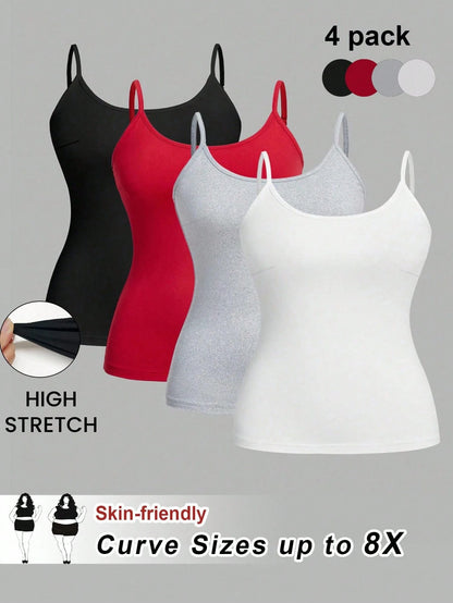 CURVE+ CURVE PLUS Valentine's Day 4pcs/Set Plus Size Women Plain Casual Camisole Spaghetti Strap Tank Tops Office Business Black Red Gold White Summer