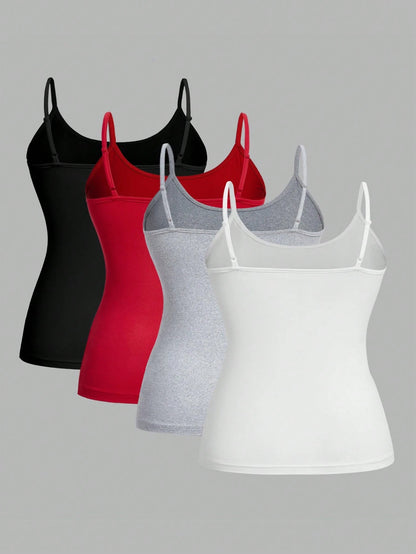 CURVE+ CURVE PLUS Valentine's Day 4pcs/Set Plus Size Women Plain Casual Camisole Spaghetti Strap Tank Tops Office Business Black Red Gold White Summer