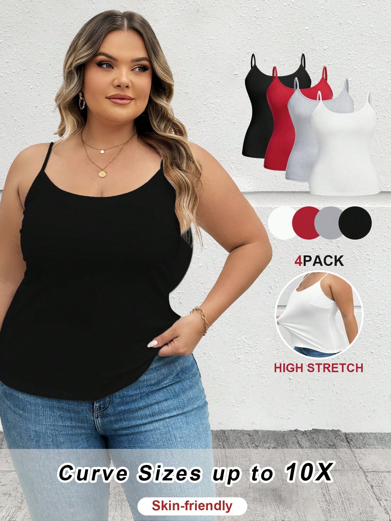 CURVE+ CURVE PLUS Valentine's Day 4pcs/Set Plus Size Women Plain Casual Camisole Spaghetti Strap Tank Tops Office Business Black Red Gold White Summer