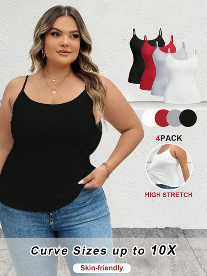 CURVE+ CURVE PLUS Valentine's Day 4pcs/Set Plus Size Women Plain Casual Camisole Spaghetti Strap Tank Tops Office Business Black Red Gold White Summer