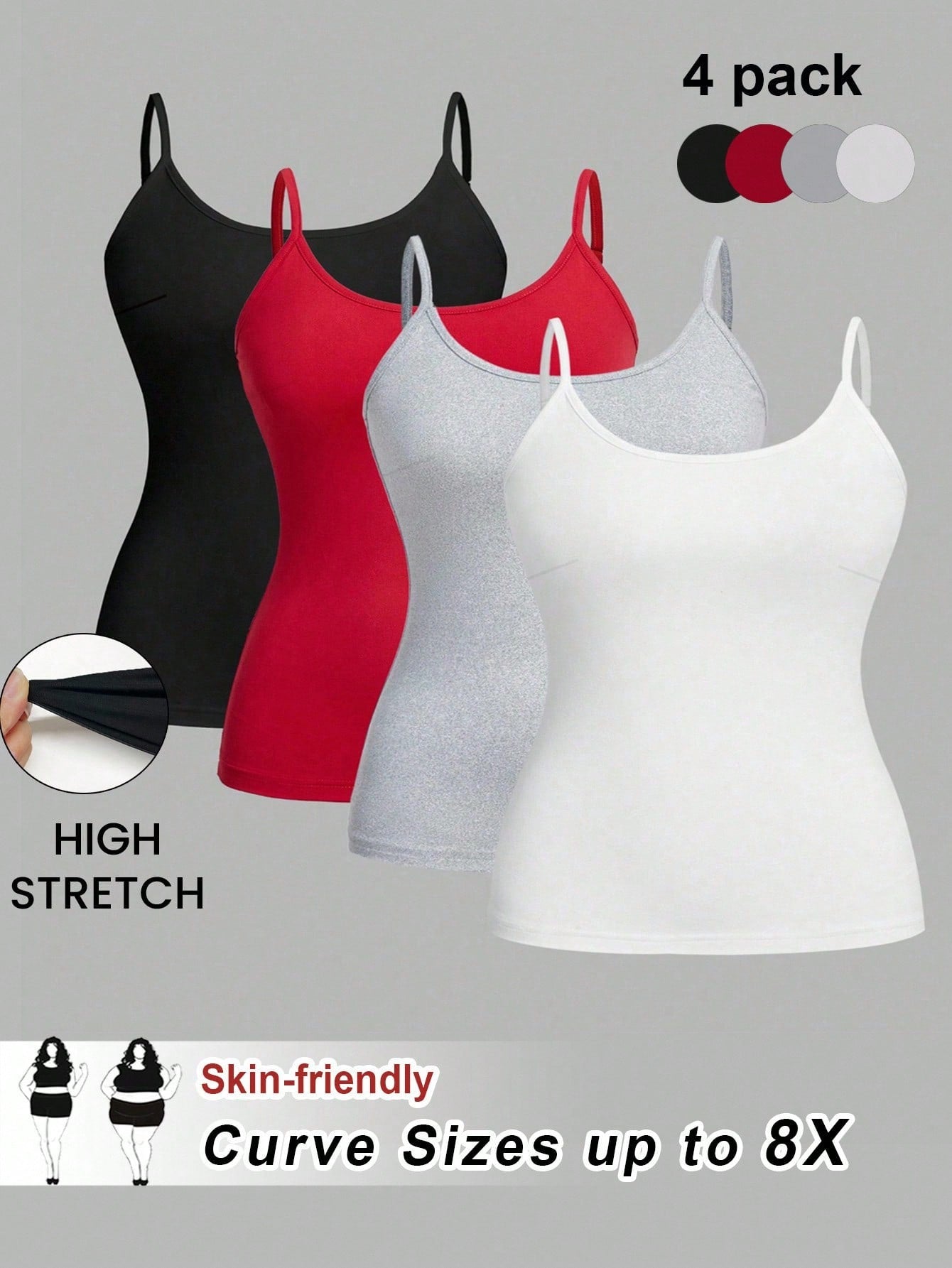 CURVE+ CURVE PLUS Valentine's Day 4pcs/Set Plus Size Women Plain Casual Camisole Spaghetti Strap Tank Tops Office Business Black Red Gold White Summer