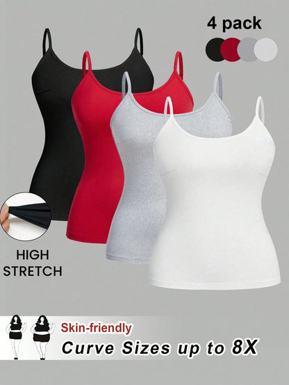 CURVE+ CURVE PLUS Valentine's Day 4pcs/Set Plus Size Women Plain Casual Camisole Spaghetti Strap Tank Tops Office Business Black Red Gold White Summer