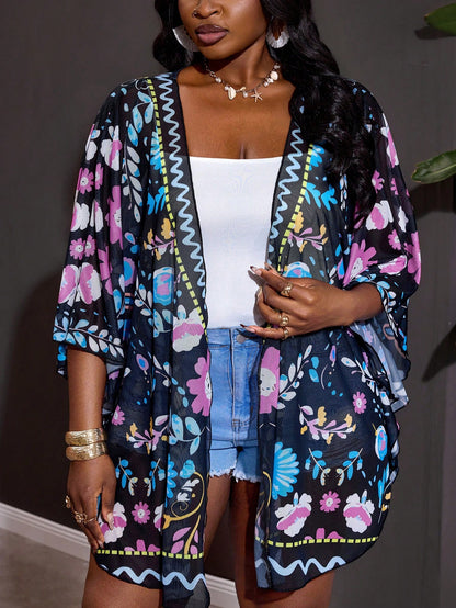 CURVE+ Curve Size US22Music Festival, Seaside Vacation, Bohemia Women's Printed Casual Vacation Cardigan/Country/Beach Wear/Beachwear/Beachwear