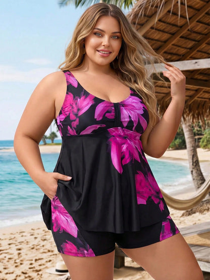 CURVE+ Plus Size Floral Print Tankini Set For Vacation And Beach