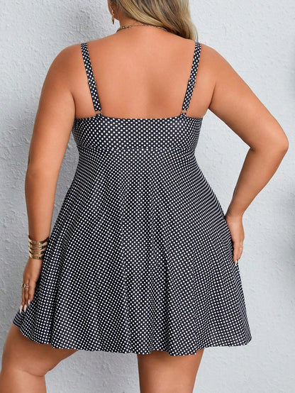 CURVE+ Plus Size Women's Camisole Black And White Polka Dot Two-Piece Tummy Control Conservative Beach Swimsuit Set