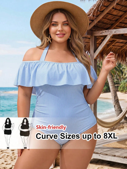 CURVE+ Plus Size Women's Striped Patchwork Halter Tie One-Piece Swimsuit, Suitable For Beach Vacation, Pool Party, Beach Party