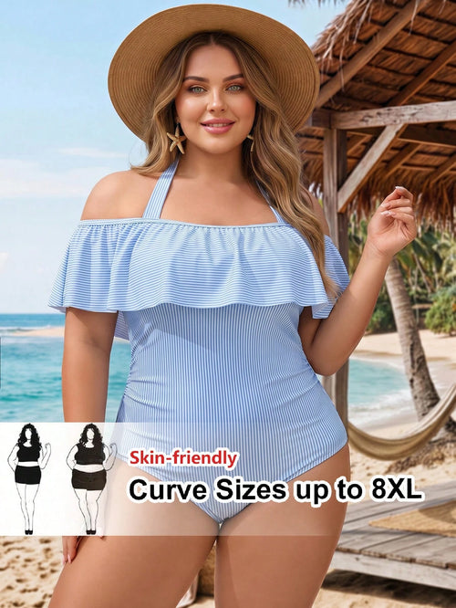 CURVE+ Plus Size Women's Striped Patchwork Halter Tie One-Piece Swimsuit, Suitable For Beach Vacation, Pool Party, Beach Party