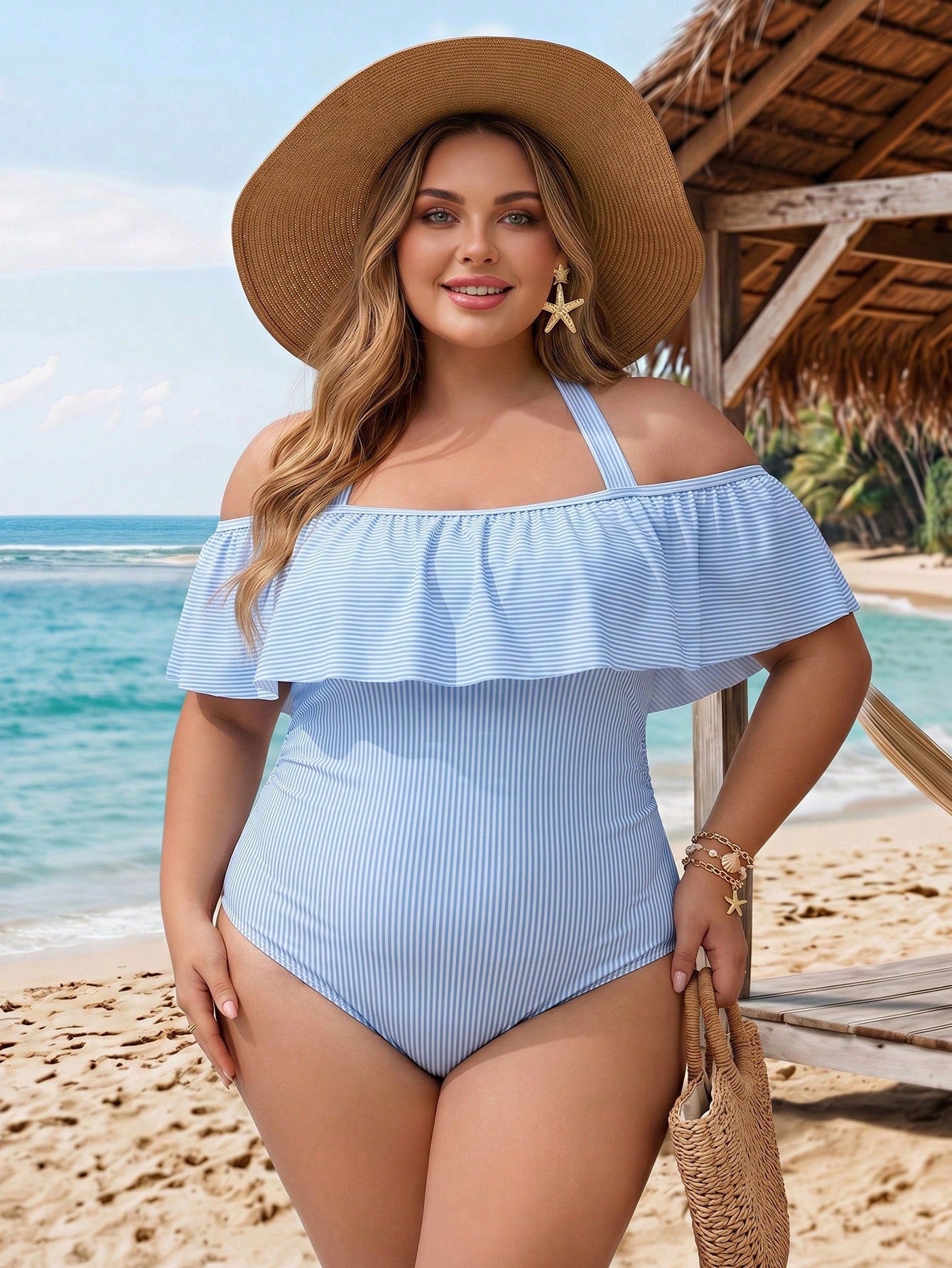 CURVE+ Plus Size Women's Striped Patchwork Halter Tie One-Piece Swimsuit, Suitable For Beach Vacation, Pool Party, Beach Party