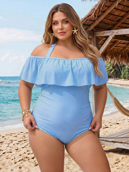 CURVE+ Plus Size Women's Striped Patchwork Halter Tie One-Piece Swimsuit, Suitable For Beach Vacation, Pool Party, Beach Party