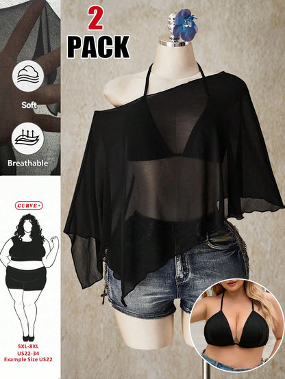 CURVE+ Two Pieces Set Of Plus Size Women's Chiffon Triangular Cup Tie Vest, Suitable For Women, Beach Vacations, And Beach Wear Summer