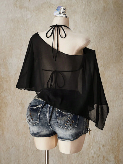 CURVE+ Two Pieces Set Of Plus Size Women's Chiffon Triangular Cup Tie Vest, Suitable For Women, Beach Vacations, And Beach Wear Summer