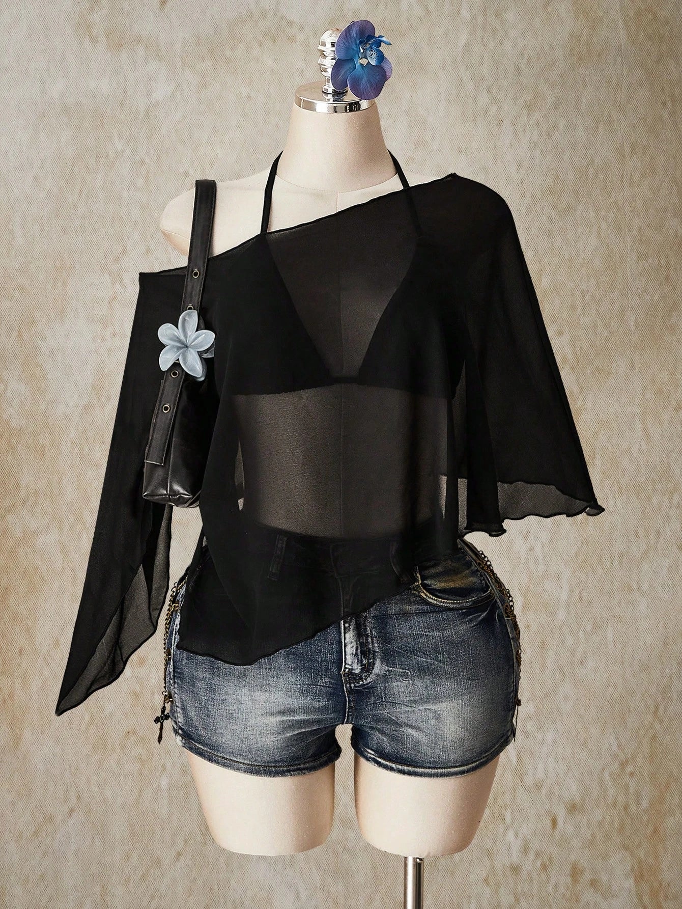CURVE+ Two Pieces Set Of Plus Size Women's Chiffon Triangular Cup Tie Vest, Suitable For Women, Beach Vacations, And Beach Wear Summer