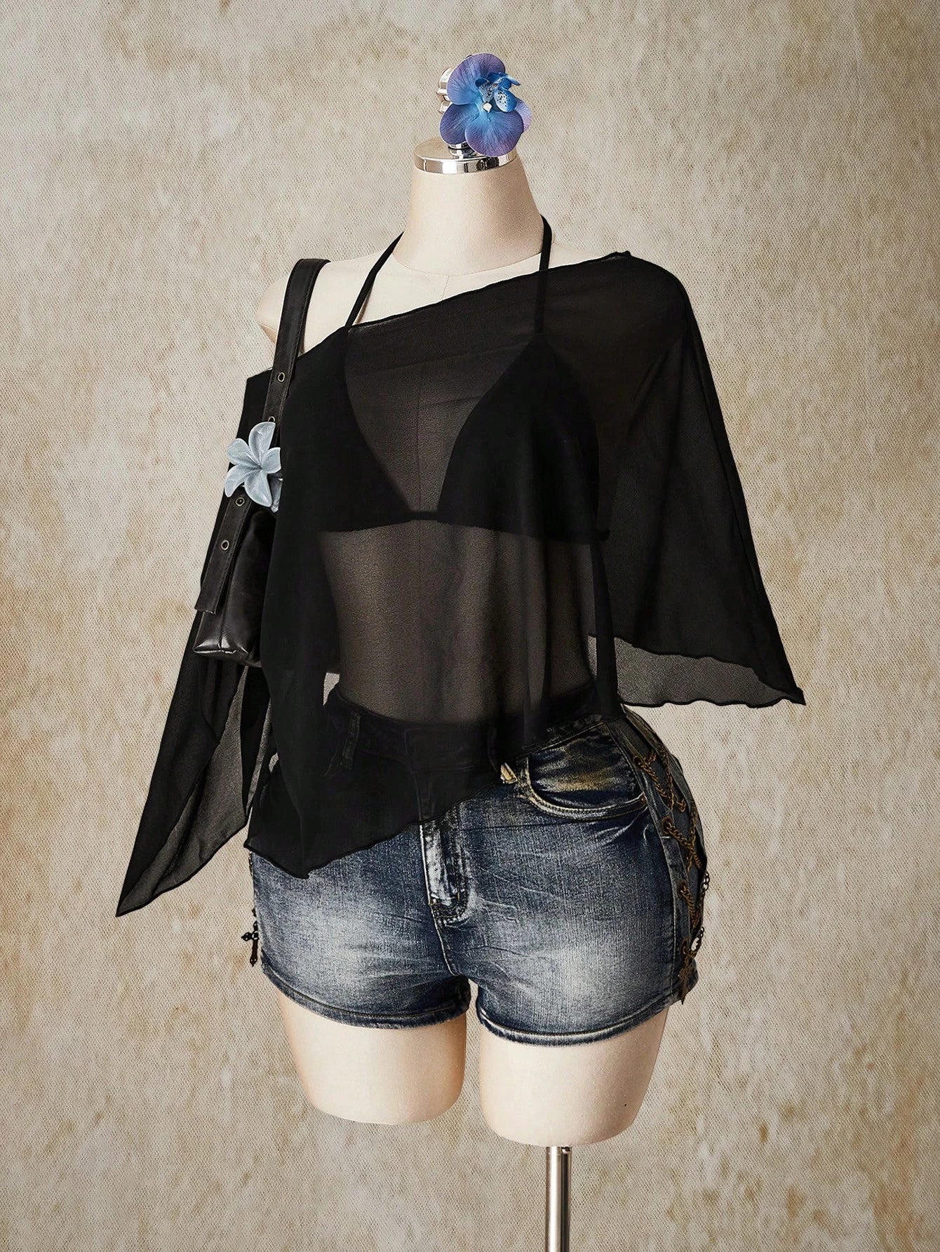 CURVE+ Two Pieces Set Of Plus Size Women's Chiffon Triangular Cup Tie Vest, Suitable For Women, Beach Vacations, And Beach Wear Summer