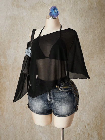 CURVE+ Two Pieces Set Of Plus Size Women's Chiffon Triangular Cup Tie Vest, Suitable For Women, Beach Vacations, And Beach Wear Summer