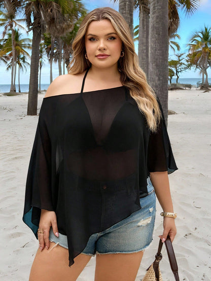 CURVE+ Two Pieces Set Of Plus Size Women's Chiffon Triangular Cup Tie Vest, Suitable For Women, Beach Vacations, And Beach Wear Summer