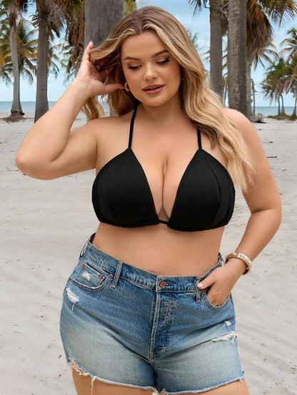 CURVE+ Two Pieces Set Of Plus Size Women's Chiffon Triangular Cup Tie Vest, Suitable For Women, Beach Vacations, And Beach Wear Summer