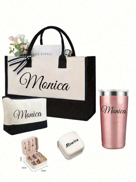 Custom Burlap Tote Bag With Makeup Bag, Water Cup Letter Printed Shoulder Bag, Women's Casual Canvas Shopping Bag, Large Capacity Personalized Gift Bag, Graduation Gifts, High-Capacity Fashion Handbag