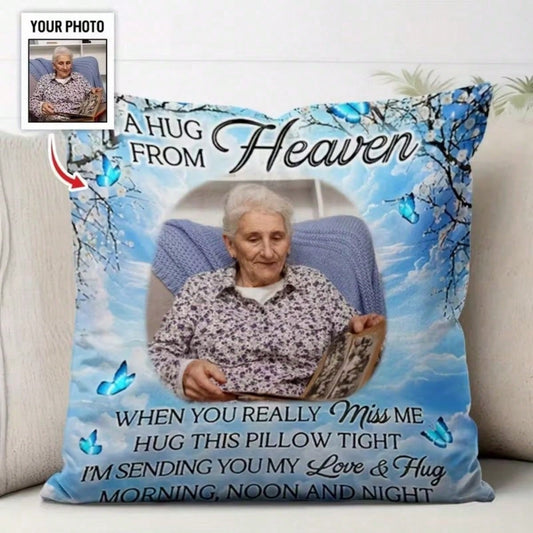 Custom Memorial Pillow Cover Heaven Personalized Photo Pillow For Loss Loved One "Hug From Heaven" Design Blue Butterflies Unique Bereavement Gift In Memory Gift Custom Your Image/Text/Photo Customiza